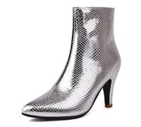 MiaZane Botines Mujer Tacón Stiletto Cremallera Estampado De Serpiente Punta Afilada Botines Cortos Vestido Moda para Fiesta De Cóctel Y Recepción De Boda,Plata,38 EU