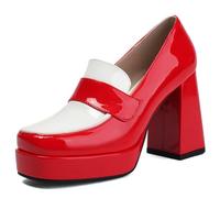MiaZane Mocasines con Plataforma Tacones Altos Mujer Tacón Alto Grueso Punta Cerrada Zapatos de Cuero Patentado Mocasines Penny Vestido de Trabajo,Rojo,35 EU