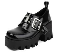 MiaZane Mocasines Mujer Plataforma Piel Sintética Verniciada Tacón Grueso Suela Antideslizante con Hebilla Plateada Estilo Punk Gótico Slip-On para Oficina O Diario,Negro,39 EU