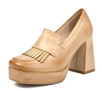 MiaZane Mocasines Plataforma Mujer Tacón Alto Grueso Slip-On Punta Cuadrada Cerrada Tacón Muy Alto Zapatos De Oficina con Detalle De Flecos Diseño Clásico Elegante,Apricot,36 EU