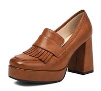 MiaZane Mocasines Plataforma Mujer Tacón Alto Grueso Slip-On Punta Cuadrada Cerrada Tacón Muy Alto Zapatos De Oficina con Detalle De Flecos Diseño Clásico Elegante,Marrón,36 EU