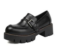 MiaZane Mocasines Plataforma Mujer Tacón Grueso Piel Sintética Punta Redonda Tacón Medio Suela Antideslizante Hebilla Estilo Colegio Punk Slip-On para Oficina Casual O Moda Callejera,Negro,36 EU