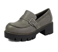MiaZane Mocasines Plataforma Mujer Tacón Grueso Piel Sintética Punta Redonda Tacón Medio Suela Antideslizante Hebilla Estilo Colegio Punk Slip-On para Oficina Casual O Moda Callejera,Gris,42 EU