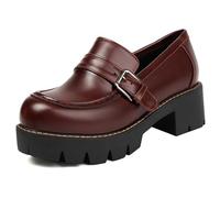 MiaZane Mocasines Plataforma Mujer Tacón Grueso Piel Sintética Punta Redonda Tacón Medio Suela Antideslizante Hebilla Estilo Colegio Punk Slip-On para Oficina Casual O Moda Callejera,Burgundy,44 EU