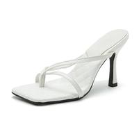 MiaZane Mulas de Tacón Alto Punta Cuadrada con Tiras Slip On Tacones Vestir Court Zapatos para Fiesta de Verano y Atuendos Casuales Cuero Sintético Ligero,Blanca,36 EU