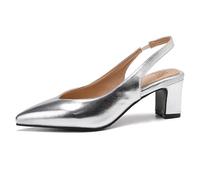 MiaZane Pumps de Punta Afilada Slingback Tacón de Bloque Gatito Cómodos Tacones de Trabajo Zapatos de Vestir con Correa Metálica para Viaje de Oficina y Elegancia Diaria,Plata,42 EU