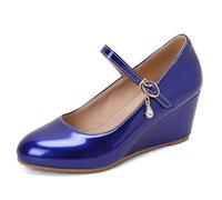MiaZane Pumps de Punta Redonda de Piel Charol Tacón de Cuña Hebilla Mary Jane Zapatos de Vestir para Ropa Casual de Primavera Verano y Caminar Diario,Azul,42 EU