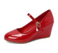 MiaZane Pumps de Punta Redonda de Piel Charol Tacón de Cuña Hebilla Mary Jane Zapatos de Vestir para Ropa Casual de Primavera Verano y Caminar Diario,Rojo,36 EU