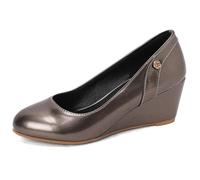 MiaZane Pumps de Tacón de Cuña Punta Redonda Slip On Court Zapatos Colores Caramelo Piel Charol Tacones Vestir para Invitada de Boda y Fiesta Primavera Verano,Gunmetal,46 EU