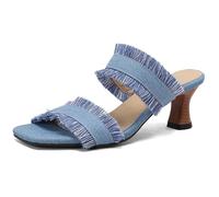 MiaZane Sandalias de Deslizar de Denim con Flecos Mujer Tacón Gatito Punta Abierta de Slip On Mules de Moda de Verano para Estilo Callejero y Conjuntos Informales,Light Blue,36 EU