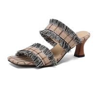 MiaZane Sandalias de Deslizar de Denim con Flecos Mujer Tacón Gatito Punta Abierta de Slip On Mules de Moda de Verano para Estilo Callejero y Conjuntos Informales,Plaid,43 EU