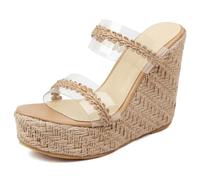 MiaZane Sandalias de Esparto de Cuña Retro Mujer Tacón Plataforma Grueso Peep Toe Mules de Deslizar Zapatos de Verano de Inspiración Vintage Estilo Urbano y Salidas de Fin de Semana,Apricot,38 EU