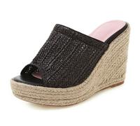 MiaZane Sandalias de Esparto Tejidas Mujer Escultural Cuña Gruesa Peep Toe Plataforma Mules de Slip On Zapatos de Moda de Verano para Estilismo Urbano y Salidas a Cafés,Negro,40 EU