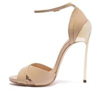 MiaZane Sandalias de Tacón Alto de Aguja Mujer Tobillera Cruzada Peep Toe Tacón Copa de Vino Metálico Sandalias de Vestir para Noches de Gala y Alta Costura Formal,Beige,42 EU