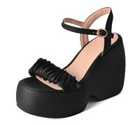 MiaZane Sandalias de Vestir de Cuña Mujer Tacón Grueso de Espuma Tira Fruncida Hebilla de Tobillo Punta Redonda Cuñas de Trabajo Zapatos de Verano para Viaje Diario y Caminar,Negro,35 EU