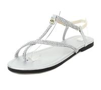 MiaZane Sandalias Gladiador con Correa en T de Estrass Mujer Plano Punta Abierta Zapatos Romanos Zapatos para Caminar Casuales de Verano para Playa y Viaje Diario Plantilla,Plata,41 EU