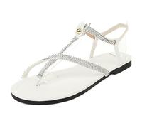 MiaZane Sandalias Gladiador con Correa en T de Estrass Mujer Plano Punta Abierta Zapatos Romanos Zapatos para Caminar Casuales de Verano para Playa y Viaje Diario Plantilla,Blanca,41 EU