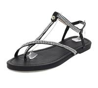 MiaZane Sandalias Gladiador con Correa en T de Estrass Mujer Plano Punta Abierta Zapatos Romanos Zapatos para Caminar Casuales de Verano para Playa y Viaje Diario Plantilla,Negro,37 EU