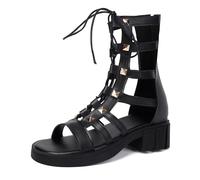 MiaZane Sandalias Gladiador Mujer Tacón Grueso Tachonado Atado con Cordones Media Pantorrilla Botitas de Combate con Plataforma Punta Abierta Viaje de Verano Caminata Urbana,Negro,38 EU