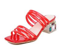 MiaZane Sandalias Mujer Cuero de Charol Tira de Cristal Tacón Cuadrado Punta Abierta Mules de Vestir Brillantes de Slip On Slides de Fiesta Tacones Glamorosos de Verano,Rojo,48 EU