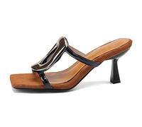 MiaZane Sandalias Mules de Tacón Gatito Mujer Punta Cuadrada de Slip On Sandalias de Vestir Hebilla Metálica para Viaje Diario y Salidas Urbanas Cuero de Charol Plantilla de Ante,Negro,41 EU