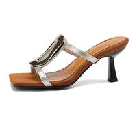 MiaZane Sandalias Mules de Tacón Gatito Mujer Punta Cuadrada de Slip On Sandalias de Vestir Hebilla Metálica para Viaje Diario y Salidas Urbanas Cuero de Charol Plantilla de Ante,Oro,48 EU