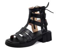 MiaZane Sandalias Romanas Mujer Tacón de Bloque Grueso Atado con Cordones Punta Redonda Sandalias de Vestir Casuales Zapatos Bootie de Verano para Caminata Urbana Viaje,Negro,41 EU