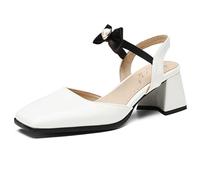 MiaZane Sandalias Slingback Punta Cuadrada Tacón de Bloque Detalle Lazo Perla Tacón Medio Sandalias Vestir Estilo Court para Fiesta de Verano y Uso Diario,Blanca,47 EU