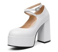 MiaZane Zapatos de Tacon Alto de Discoteca para Mujer Plataforma Tacón de Bloque Alto con Tobillera Cruzada y Hebilla Ante Sintético Ajuste Ancho,Blanca,38 EU
