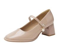 MiaZane Zapatos Mary Jane para Mujer de Charol con Punta Cuadrada y Tacón Ancho Zapatos de Salón con Correa de Perlas Suela Antideslizante,Nude,40 EU