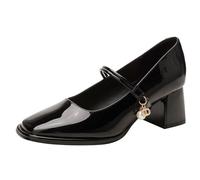 MiaZane Zapatos Mary Jane para Mujer de Charol con Punta Cuadrada y Tacón Ancho Zapatos de Salón con Correa de Perlas Suela Antideslizante,Negro,34 EU