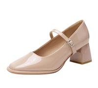 MiaZane Zapatos Mary Jane para Mujer de Charol con Tacón Ancho y Punta Cuadrada para Moda y Casual Zapatos de Tacón Medio con Correa Suela Antideslizante,Nude,41 EU