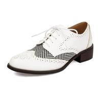 MiaZane Zapatos Oxford Brogue para Mujer con Cordones Punta Redonda tacón Medio Tipo Bloque diseño de Cuadros en Contraste Empeine de PU Suela de Goma Estilo Punk para,Blanca,41 EU