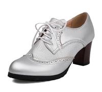 MiaZane Zapatos Oxford Brogue Vintage de Mujer Punta Redonda con Cordones Tacón Cuadrado Diseño Clásico de Puntera Alas para Oficina Trabajo y Eventos Formales,Plata,39 EU