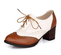 MiaZane Zapatos Oxford Wingtip Vintage Mujer Punta Redonda Zapatos de Vestir Retro Tacón Medio Brogue Cordones Zapatos de Tacón Vestido para Oficina y Estilo Urbano,Marrón,37 EU