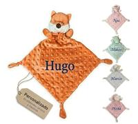 mibebestore Dudu Bebé Recién Nacido Personalizado con Nombre Bordado - Dou Dou Suave y Manta Sensorial - Regalo Bebé Original Unisex para Niño o Niña - Apego y Cuna (Zorrito Naranja/Marrón)