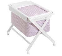 mibebestore Minicuna de Tijera Plegable de Madera con Ruedas y Frenos - Incluye Colchón, Colcha, Almohada y Textil 100% Algodón - hasta 9 Meses - Blanco/Rosa
