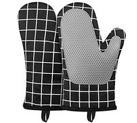 Micacorn Guantes Horno, Manoplas de Horno Guantes de Silicona y Algodón Resistencia al Calor un par, Diseño Antideslizante de Silicona, para Hornear Cocinar Barbacoa Microondas, Parrilla (Black)