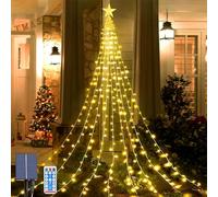 Micacorn Solar Luces Arbol Navidad con Estrella, Luces de Cascada de Arbol Navidad 2M x 9 Hilos 198 LED Impermeables Luces Arbol Navidad 8 Modos con Control Remoto para Fiestas de Bodas Navideñas