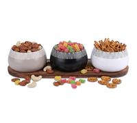 MiCasa SuCasa Juego de 4 cuencos de cerámica con bandeja de madera de acacia, 3 cuencos para aperitivos, tapas, aperitivos, cuencos pequeños y platos para mesa, cocina, bandeja de madera