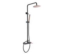 Mice - Conjunto Columna de ducha Monomando con barra extensible 95-125cm - Barra de ducha con Rociador y mango - Griferia de baño color Negro Mate y Oro Rosa