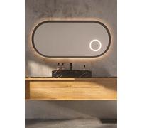 Mice - Espejo Elíptico - Aumento x3 con Luz LED - Doble Iluminación Sensor On/Off, Antivaho, 3 Tonos LED - Espejo para Vestidor - Centro Estetica - Baño Marco Aluminio Negro Mate 100x55cm