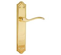 Micel - 01666 - Juego de manilla para puerta con placa de acero y maneta de aluminio. Acabado latonado. 250 x 45 mm.