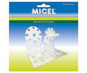 MICEL - 92555 - Juego de soportes acodados para eje de toldo, con fijación a pared y techo, Acabado en acero lacado, Color blanco, 65 x 86 x 108 mm