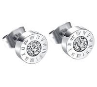 MICGIGI Pendientes redondos de acero inoxidable para hombre y mujer, 8 mm, con números romanos, con circonita, Acero inoxidable