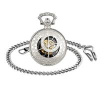 MICGIGI - Reloj de bolsillo mecánico unisex con cuerda manual de 12 constelaciones, relojes de bolsillo con cadena, plata, Clásico