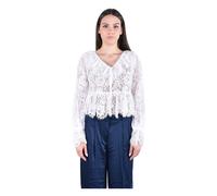 Michael Kors- Blusa con Encaje Floral con Cordones y Cuello en V- Blouses & Shirts- Mujer- Blanco- XS- Blusa con Encaje Floral con Cordones y Cuello en V