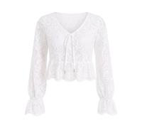 Michael Kors- Blusa de Encaje Floral con Cordones- Blouses & Shirts- Mujer- Blanco- S- Blusa de Encaje Floral con Cordones