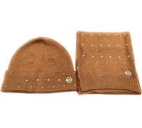Michael Kors Juego de bufanda y gorro, bufanda de invierno, gorro de lana, talla única, lana acrílica suave, logotipo, perlas doradas, caja de regalo dorada BRAUN4495