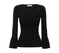 Michael Kors- Suéter de Punto Acanalado Elástico con Mangas con Volantes de Viscosa- Knitwear- Mujer- Negro- XS- Suéter de Punto Acanalado Elástico con Mangas con Volantes de Viscosa